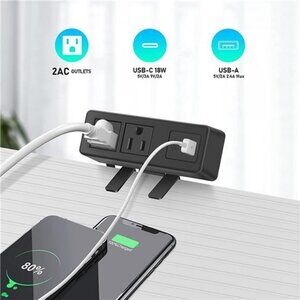 Desk Edge Power Strip with 1 USB 1 USB-C 20W PD Removable Clamp